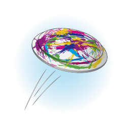 An illustration of a flying disk flying with colored paint on the top of the frisbee. 