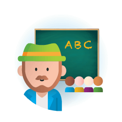 An illustration of a Crayola Imagine Arts Academy Art instructor teaching a group of children while they sit in front of a bl