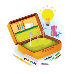 An illustration of a suitcase, in the suitcase are 3 windmills pencil crayons. outside the suitcase is a light bulb a pink dr