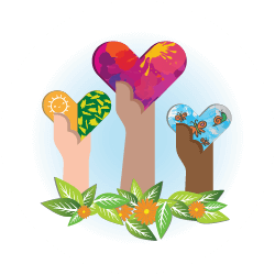 An illustration a 3 hands coming out of the ground holding hearts