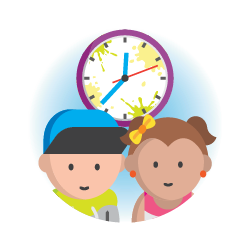 An illustration of a boy and a girl with a clock in the background