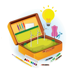 An illustration of a suitcase, in the suitcase are 3 windmills pencil crayons. outside the suitcase is a light bulb a pink dr