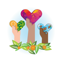 An illustration a 3 hands coming out of the ground holding hearts