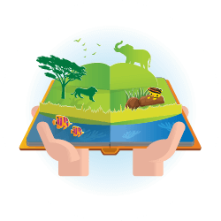 An illustration of a pop up book. Inside the pop up book is a frog on a log and a silhouette of a lion